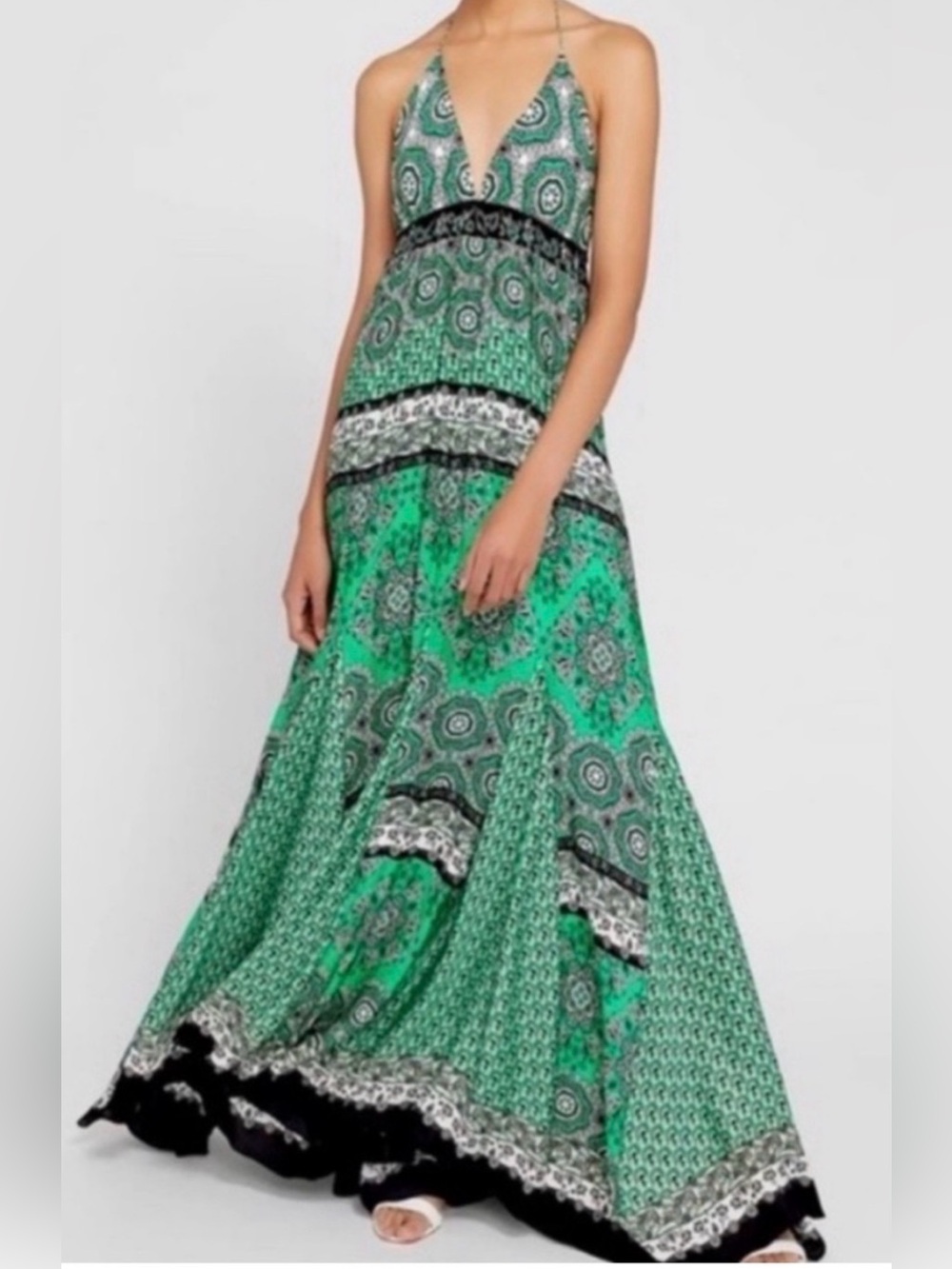 NWOT Alice + Olivia Alette Halter Maxi Dress Green Paisley Bandana Print
